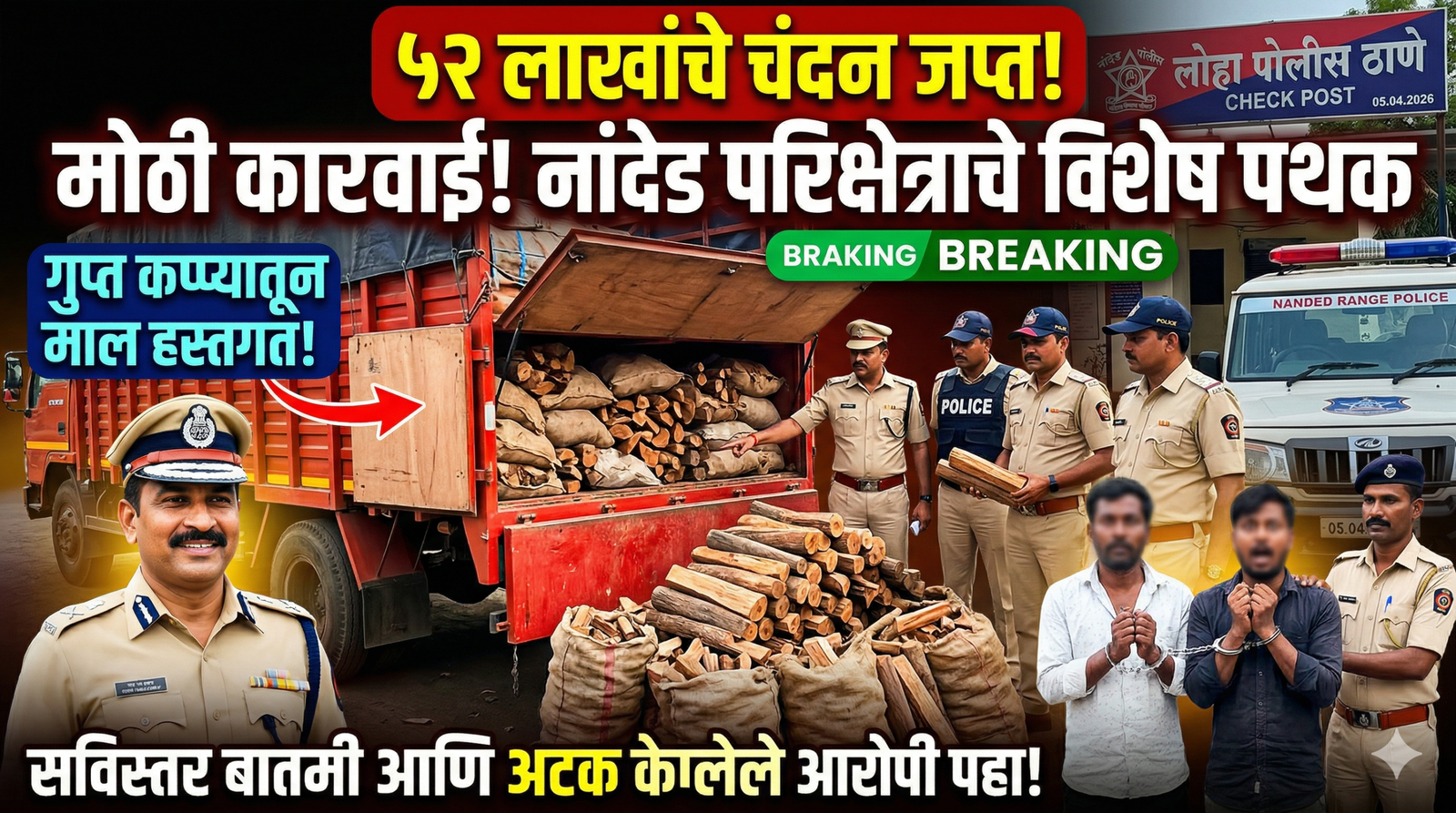 नांदेड परिक्षेत्राच्या विशेष पथकाची मोठी कारवाई; ५२ लाखांचे चंदन जप्त