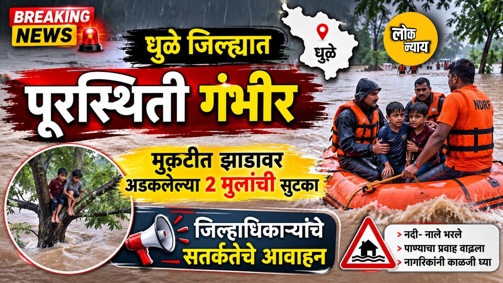 धुळे जिल्ह्यात पूरस्थिती गंभीर: मुकटीत झाडावर अडकलेल्या २ मुलांची सुटका, जिल्हाधिकाऱ्यांचे सतर्कतेचे आवाहन