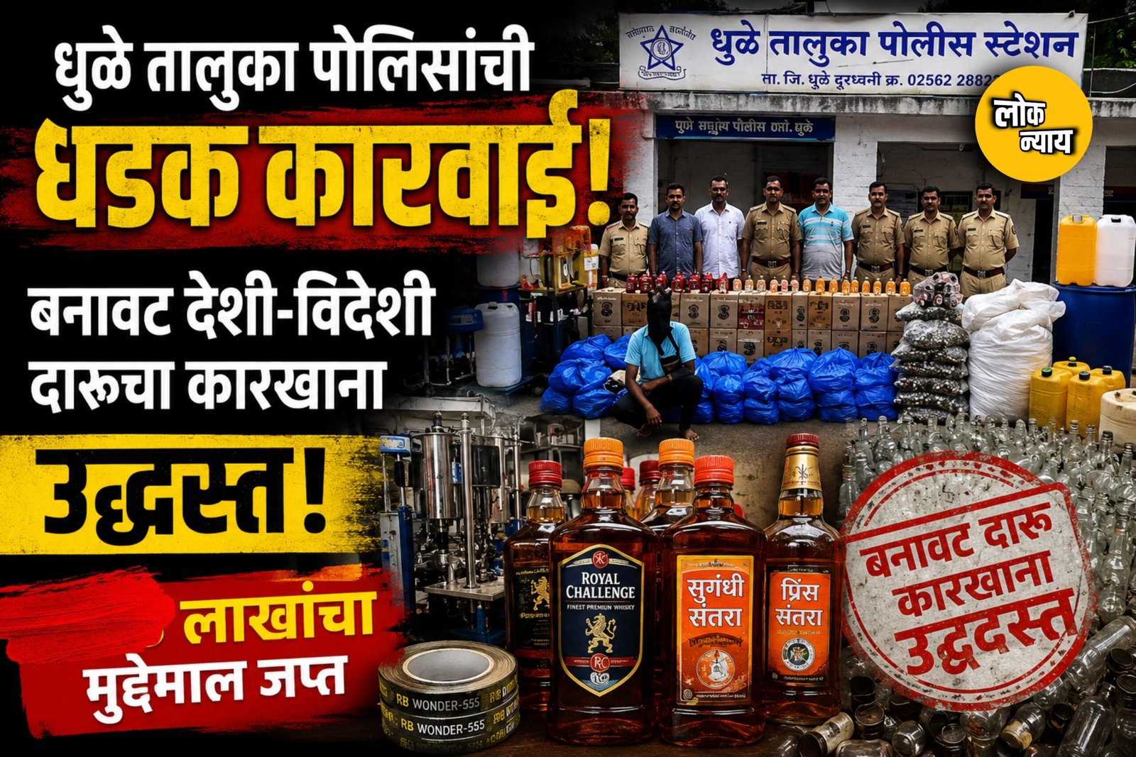 धुळे तालुका पोलिसांची धडक कारवाई; बनावट देशी-विदेशी दारूचा कारखाना उद्ध्वस्त, लाखांचा मुद्देमाल जप्त