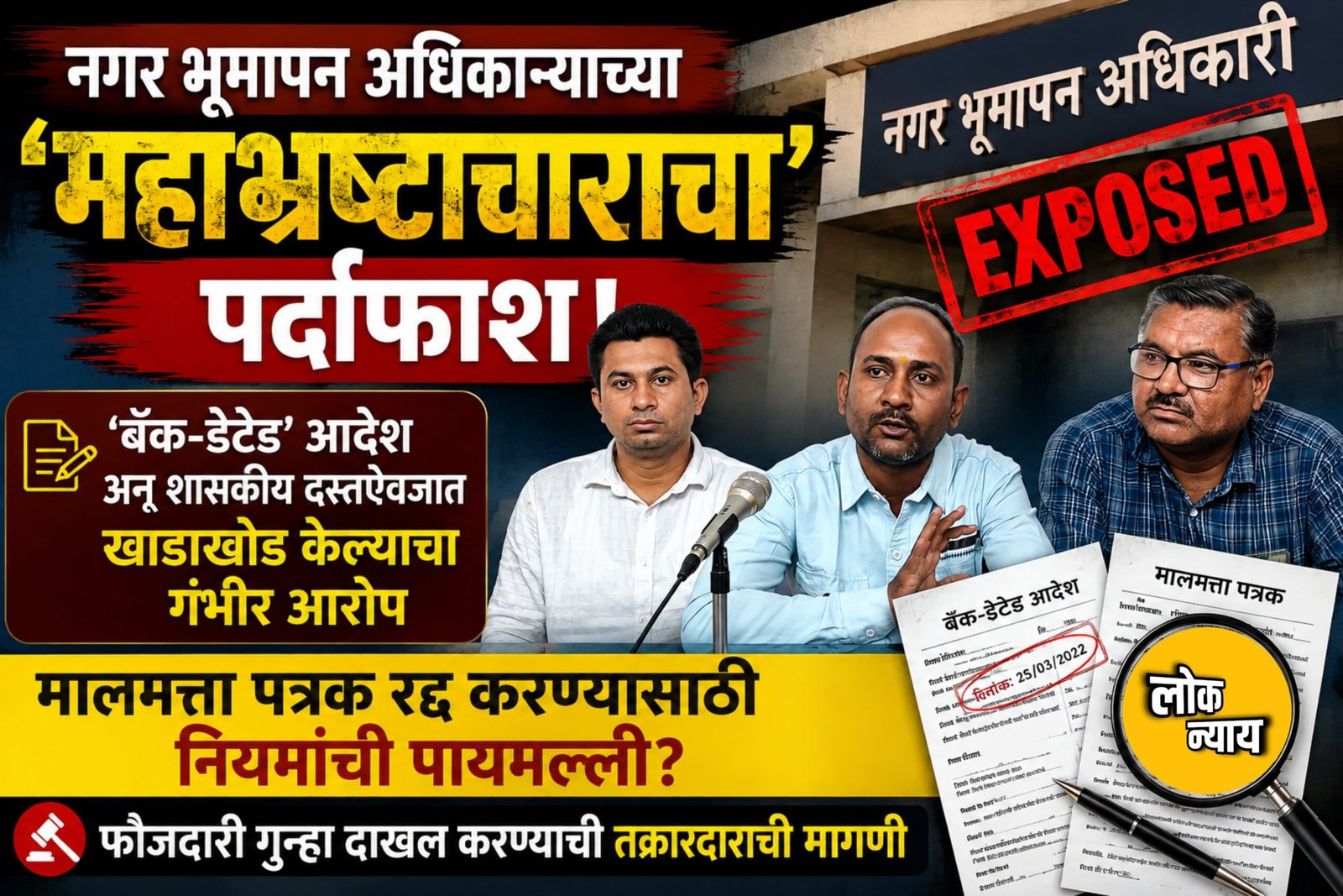 नगर भूमापन अधिकाऱ्याच्या 'महाभ्रष्टाचाराचा' पर्दाफाश: 'बॅक-डेटेड' आदेश व शासकीय दस्तऐवजात खाडाखोड केल्याचा गंभीर आरोप